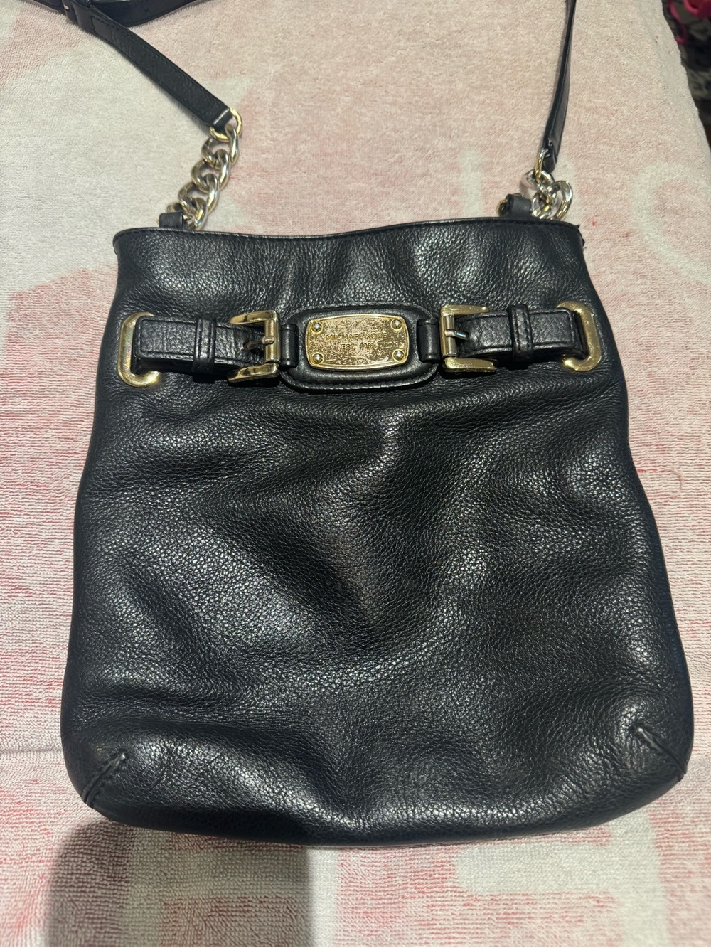 Michael Kors Black Pebbled Leather Crossbody with Gold Hardware Plate